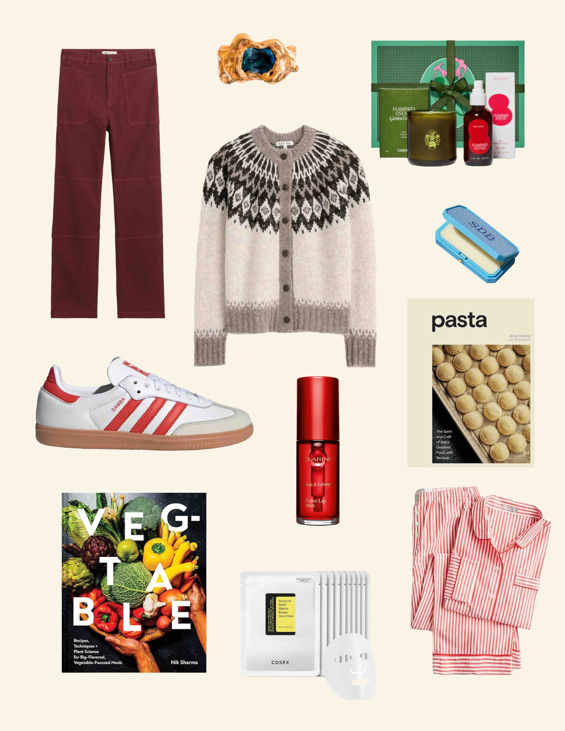 Kate's 2023 holiday wish list, featuring Madewell pants, adidas sneakers, cookbooks, pajamas, and more